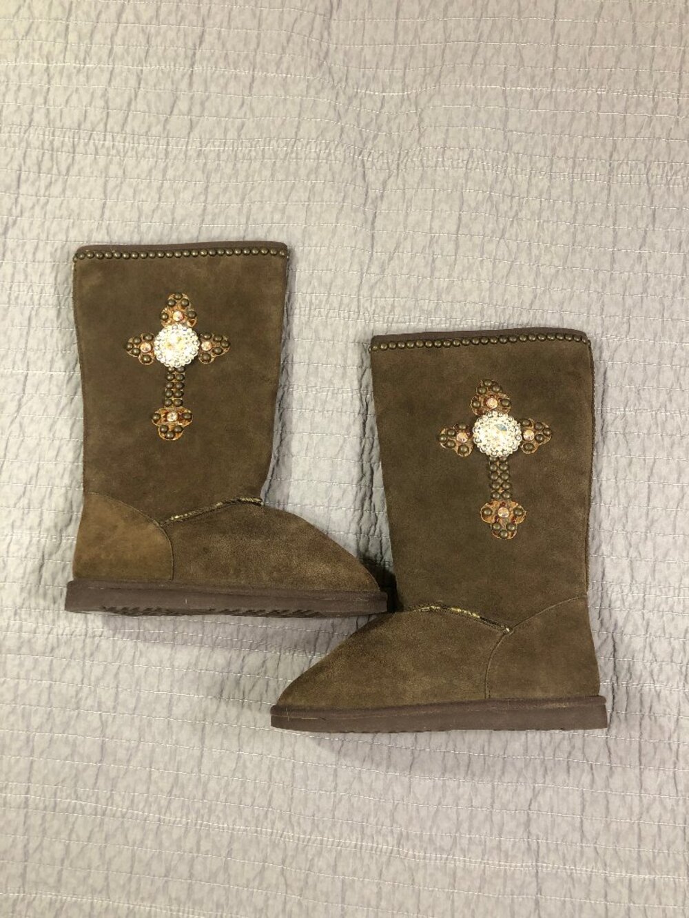 Groove Boots Women 9 Brown Suede Rhinestone Cross Leopard Lined Babel Style